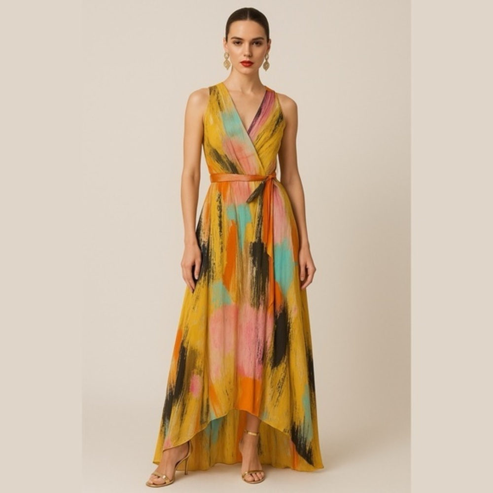 Chetta B Halter Tie Front Maxi Dress in Pink and Orange